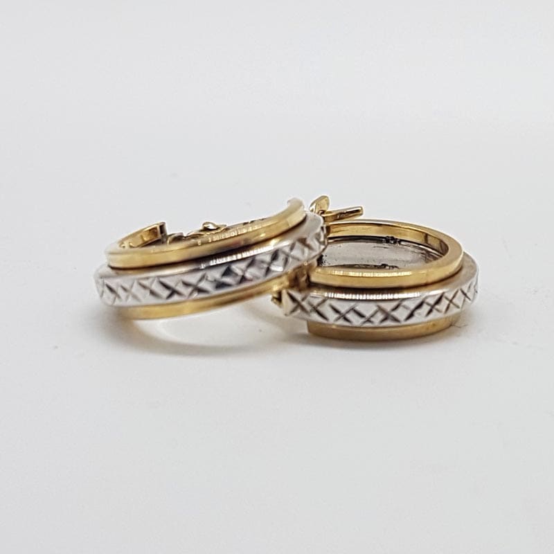 9ct Yellow Gold and White Gold Two Tone Patterned Hoops / Earrings