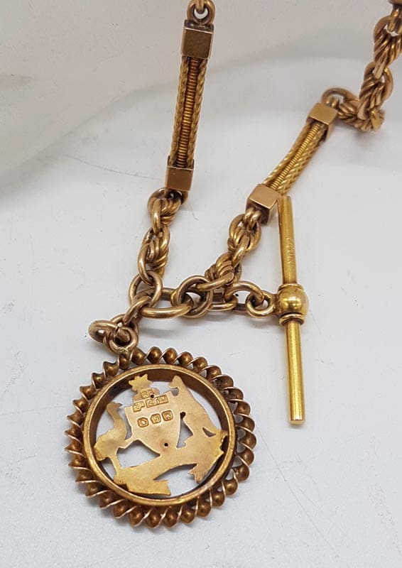 15ct Yellow Gold Heavy Ornate Bar and Twist Link Australian Fob Chain / Necklace with Australian Crest Medal - Emu and Kangaroo - Antique / Vintage