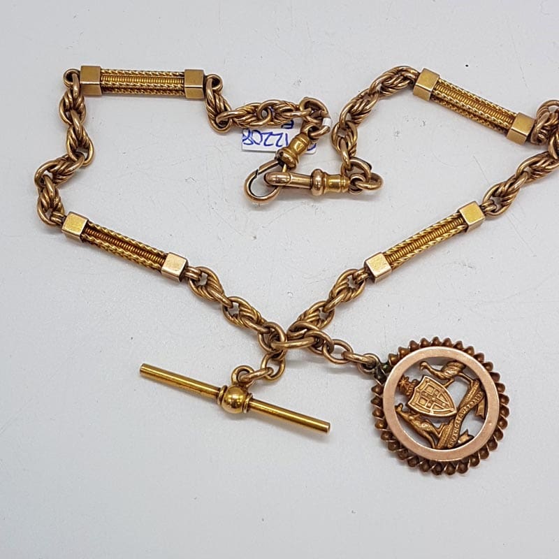 15ct Yellow Gold Heavy Ornate Bar and Twist Link Australian Fob Chain / Necklace with Australian Crest Medal - Emu and Kangaroo - Antique / Vintage