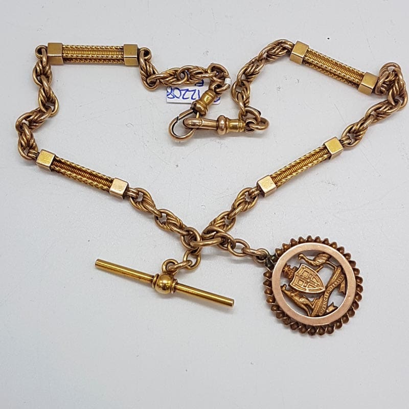 15ct Yellow Gold Heavy Ornate Bar and Twist Link Australian Fob Chain / Necklace with Australian Crest Medal - Emu and Kangaroo - Antique / Vintage