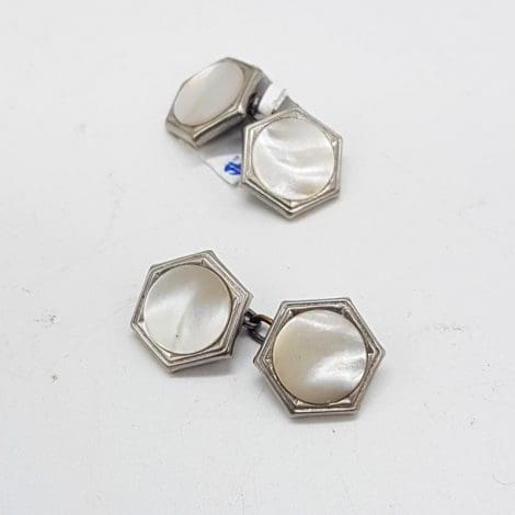 Plated Vintage Hexagonal Cufflinks - Mother of Pearl