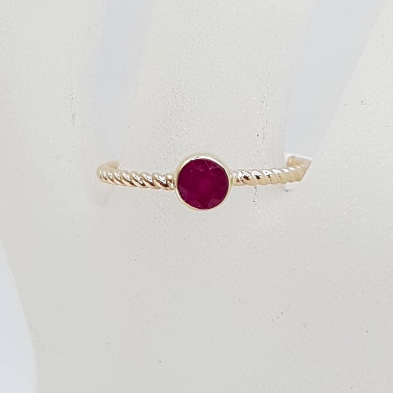 9ct Yellow Gold Natural Ruby Round Bezel Set Twisted Open Band Ring - Stackable