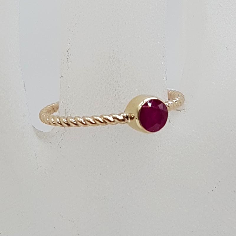 9ct Yellow Gold Natural Ruby Round Bezel Set Twisted Open Band Ring - Stackable