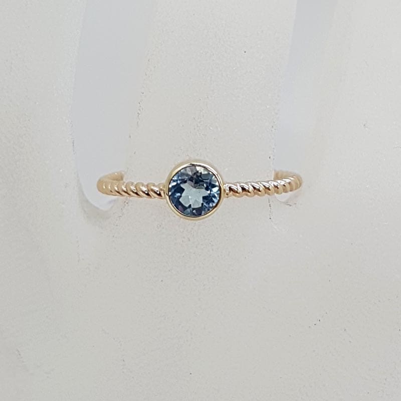 9ct Yellow Gold Topaz Round Bezel Set Twisted Open Band Ring - Stackable