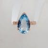 9ct Rose Gold Blue Topaz Large Claw Set Teardrop / Pear Shape Ring