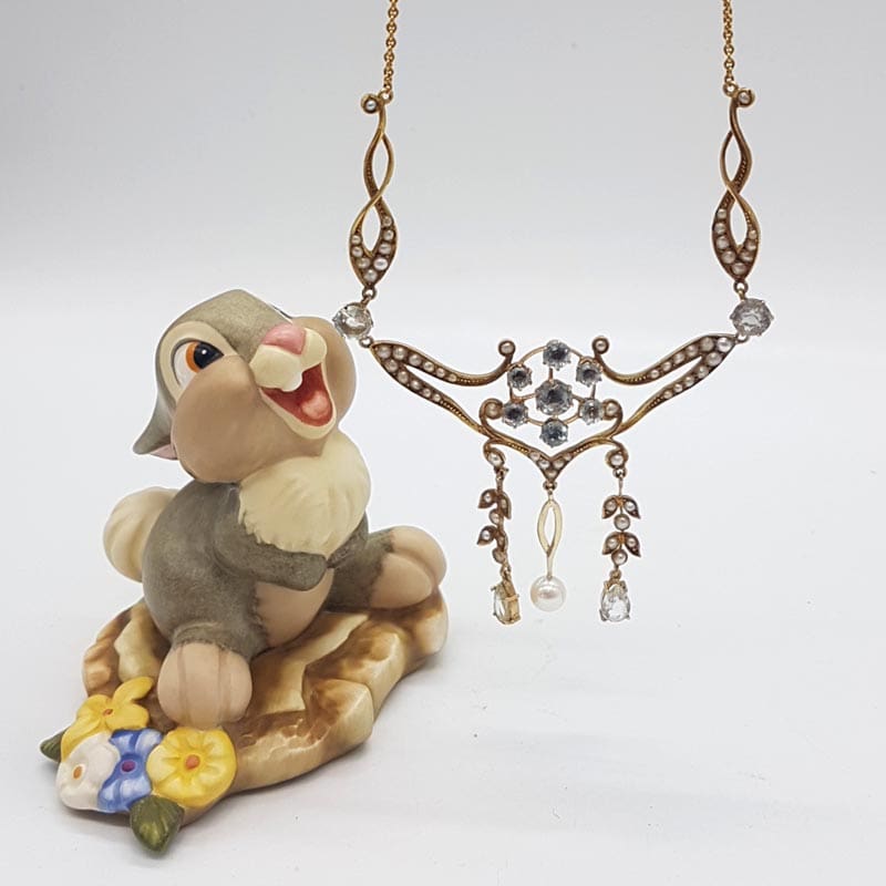 15ct Yellow Gold Aquamarine and Seed Pearl Ornate Lavalier Ornate Drop Necklace / Chain - Antique / Vintage