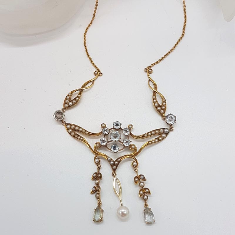 15ct Yellow Gold Aquamarine and Seed Pearl Ornate Lavalier Ornate Drop Necklace / Chain - Antique / Vintage