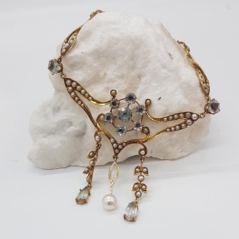 15ct Yellow Gold Aquamarine and Seed Pearl Ornate Lavalier Ornate Drop Necklace / Chain - Antique / Vintage