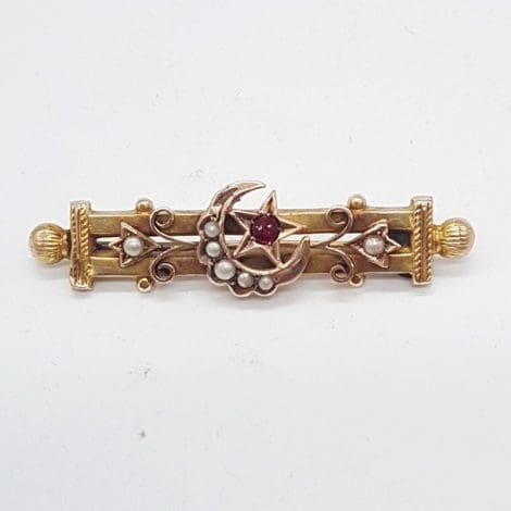 9ct Yellow Gold Seed Pearl with Garnet Star and Crescent Brooch - Antique / Vintage