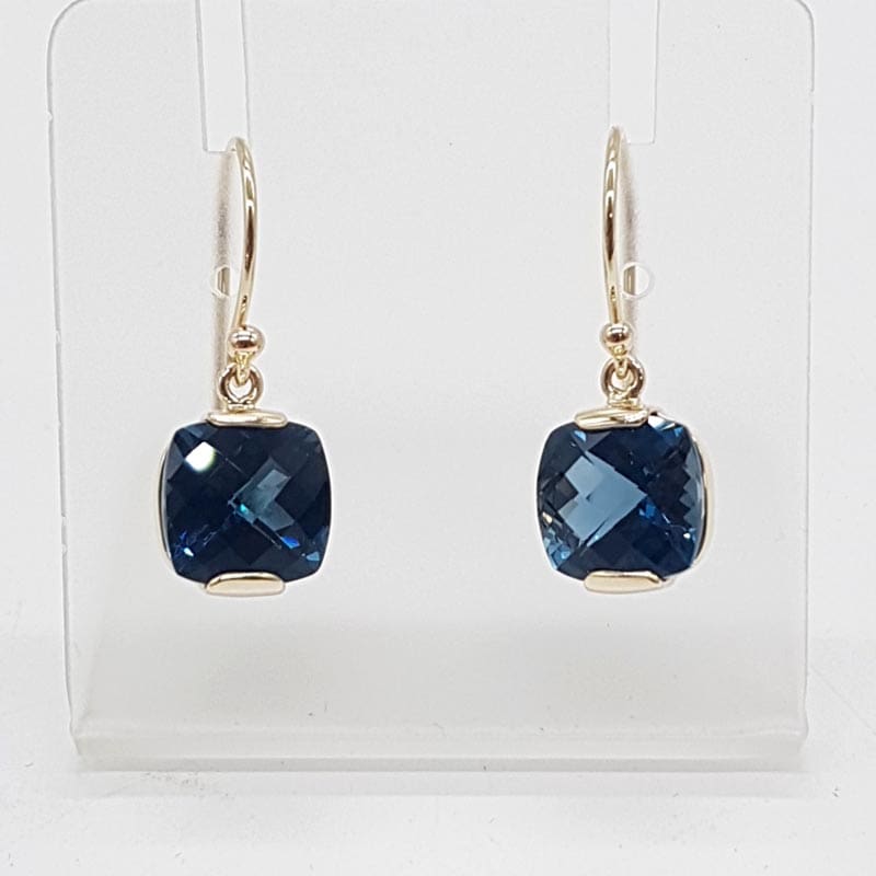 9ct Yellow Gold London Blue Topaz Square Drop Earrings