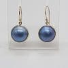9ct Yellow Gold Grey / Black / Blue Mabe Pearl Round Bezel Set Drop Earrings