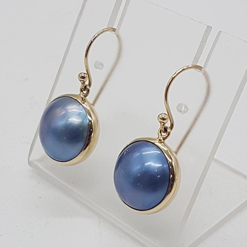 9ct Yellow Gold Grey / Black / Blue Mabe Pearl Round Bezel Set Drop Earrings