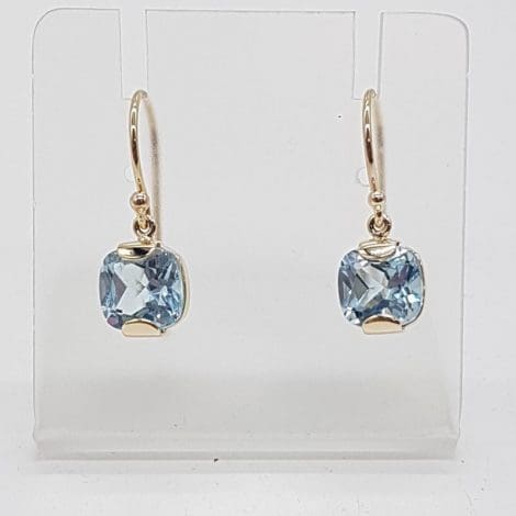 9ct Yellow Gold Square Blue Topaz Drop Earrings