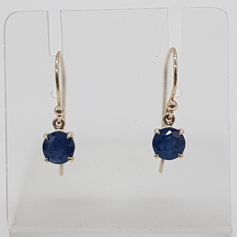 9ct Yellow Gold Blue Sapphire Claw Set Drop Earrings