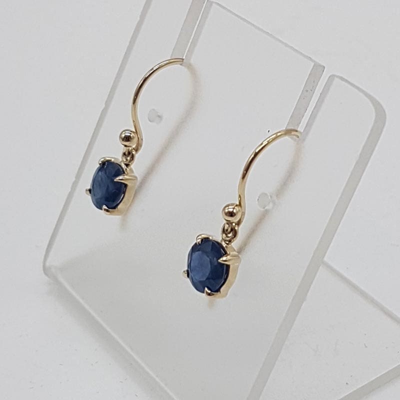 9ct Yellow Gold Blue Sapphire Claw Set Drop Earrings