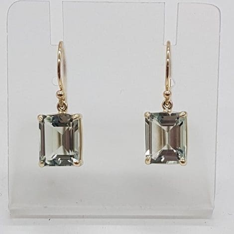 9ct Yellow Gold Green Amethyst / Prasiolite Rectangular Drop Earrings
