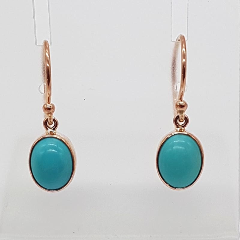 9ct Rose Gold Oval Natural Turquoise Bezel Set Drop Earrings