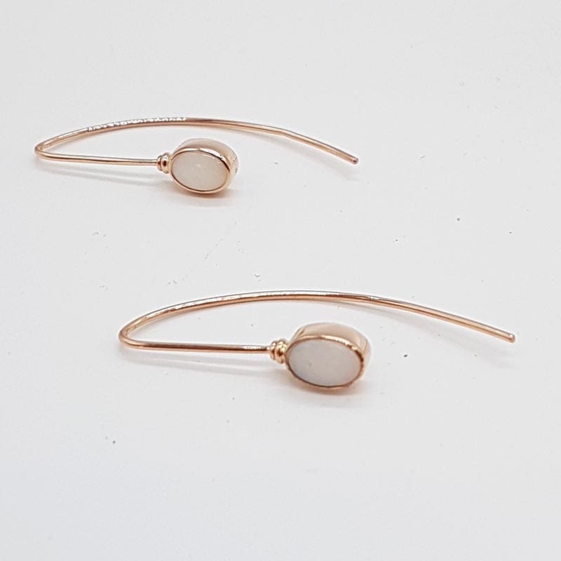9ct Rose Gold Solid Opal White Bezel Set Long Drop Earrings