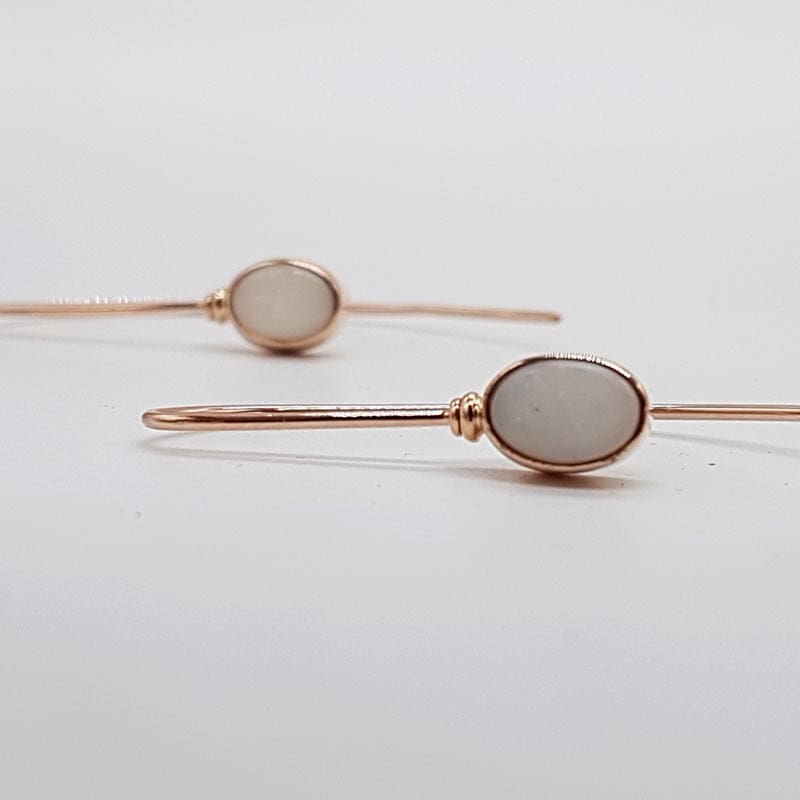 9ct Rose Gold Solid Opal White Bezel Set Long Drop Earrings