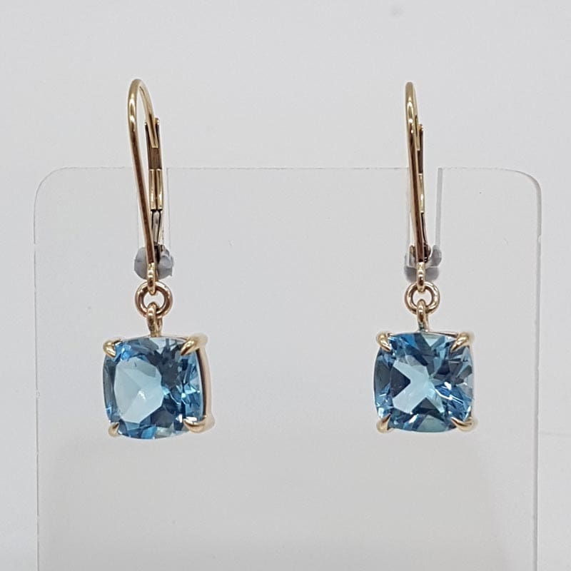 9ct Yellow Gold Square Blue Topaz Claw Set Long Earrings
