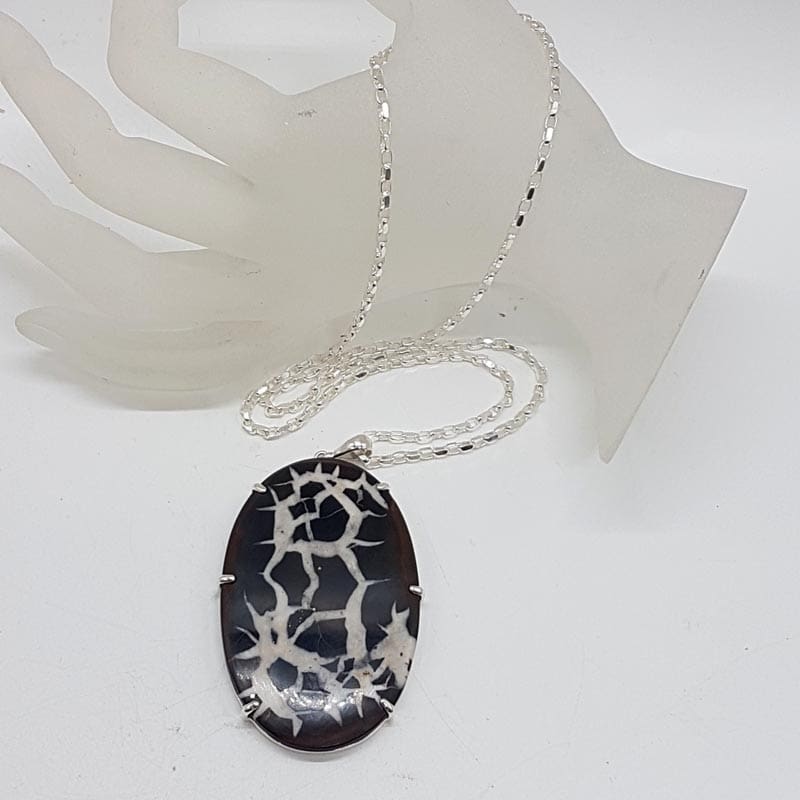 Sterling Silver Septarian Nodules / Dragon Stone Very Large Oval Pendant on Silver Chain Sterling Silver Septarian Nodules / Dragon Stone Very Large Oval Pendant on Silver Chain
