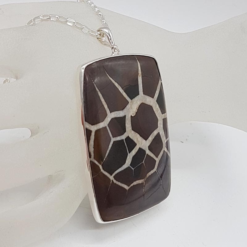 Sterling Silver Septarian Nodules / Dragon Stone Very Large Rectangular Pendant on Silver Chain