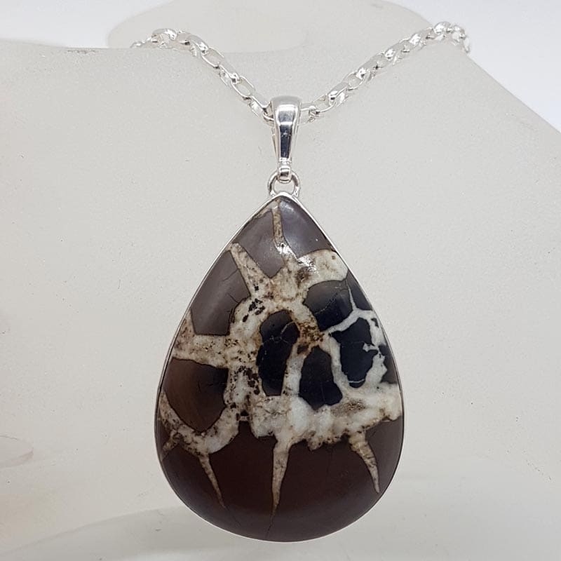 Sterling Silver Septarian Nodules / Dragon Stone Large Teardrop / Pear Shaped Pendant on Silver Chain