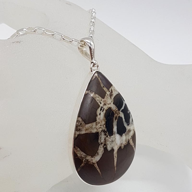 Sterling Silver Septarian Nodules / Dragon Stone Large Teardrop / Pear Shaped Pendant on Silver Chain