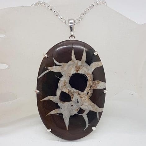 Sterling Silver Septarian Nodules / Dragon Stone Large Oval Pendant on Silver Chain