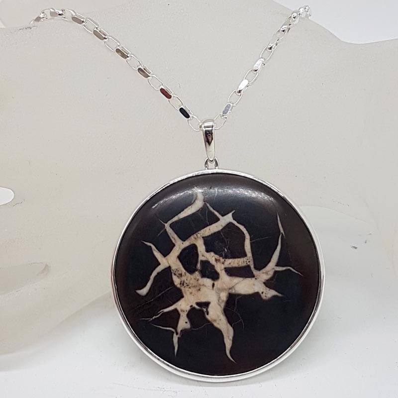 Sterling Silver Septarian Nodules / Dragon Stone Very Large Round Pendant on Silver Chain