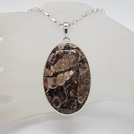 Sterling Silver Turritella Agate Fossil Large Oval Pendant on Silver Chain