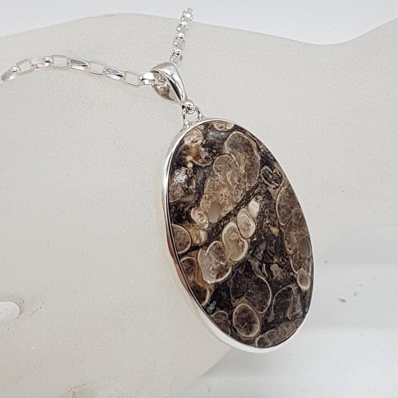 Sterling Silver Turritella Agate Fossil Large Oval Pendant on Silver Chain