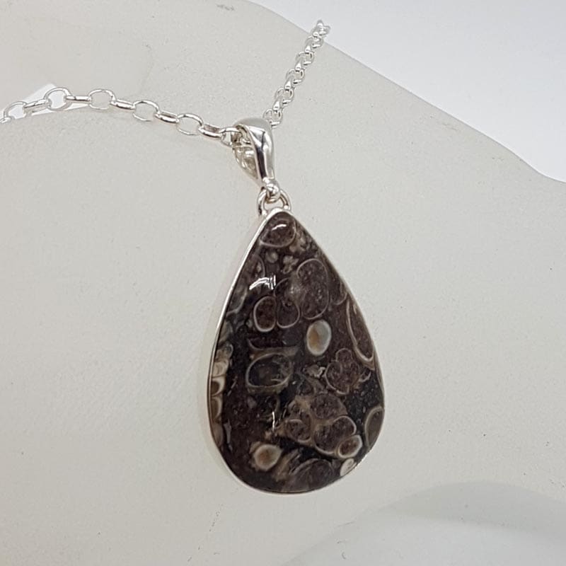 Sterling Silver Turritella Agate Fossil Large Teardrop / Pear Shaped Pendant on Silver Chain