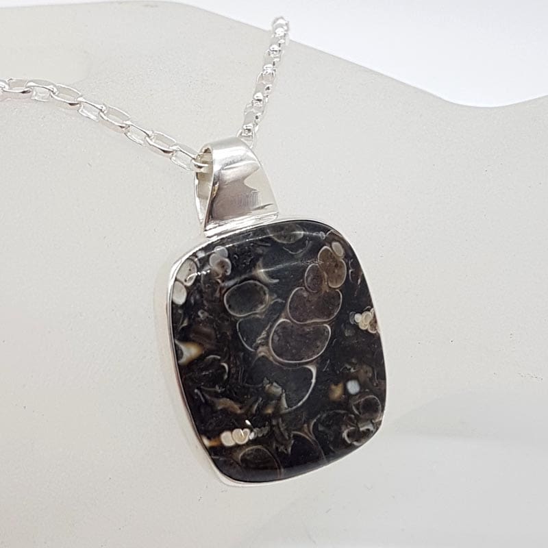 Sterling Silver Turritella Agate Fossil Large Square Pendant on Silver Chain