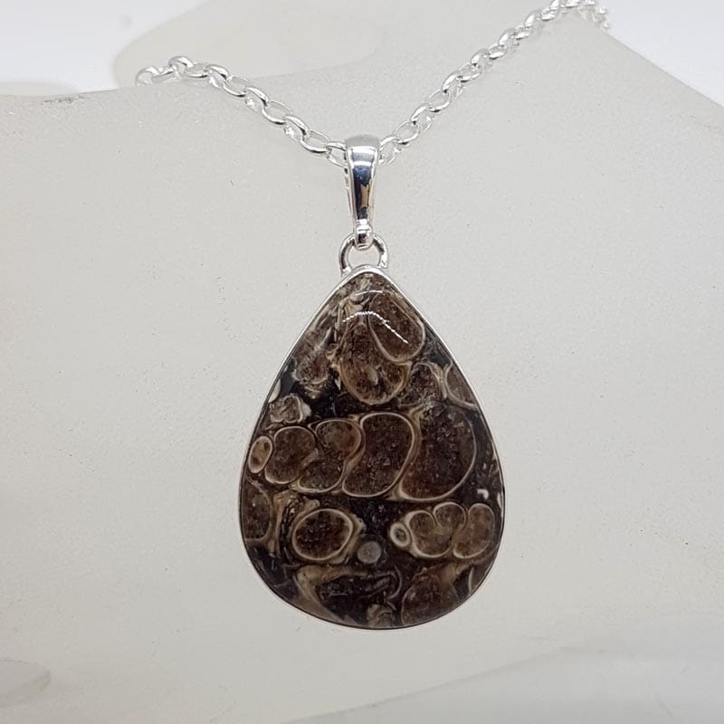 Sterling Silver Turritella Agate Fossil Large Teardrop / Pear Shaped Pendant on Silver Chain