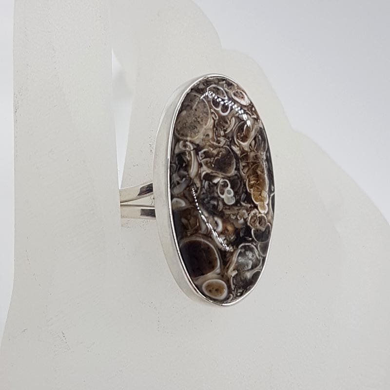 Sterling Silver Large Turritella Agate Fossil Oval Ring