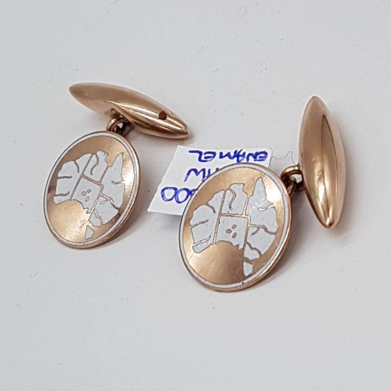 9ct Rose Gold and White Enamel Round Australia Map Cufflinks - Antique / Vintage