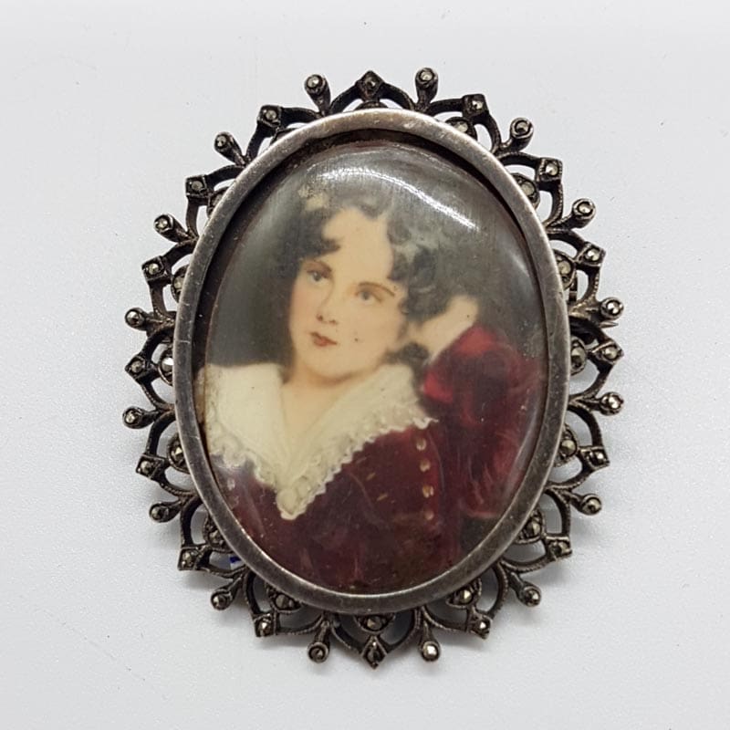 Sterling Silver Oval Marcasite Miniature Portrait Brooch - Antique / Vintage