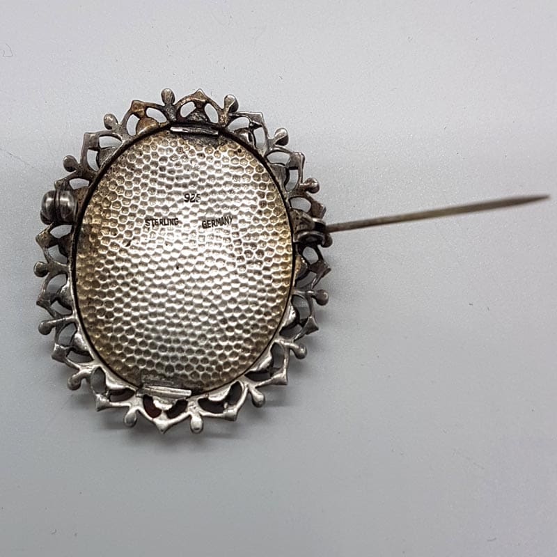 Sterling Silver Oval Marcasite Miniature Portrait Brooch - Antique / Vintage Sterling Silver Oval Marcasite Miniature Portrait Brooch - Antique / Vintage