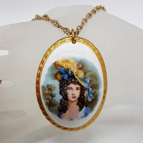 Porcelain Gainsborough Pendant on Plated Chain / Necklace - Vintage Costume Jewellery
