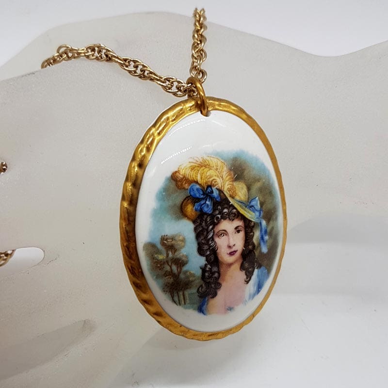 Porcelain Gainsborough Pendant on Plated Chain / Necklace - Vintage Costume Jewellery