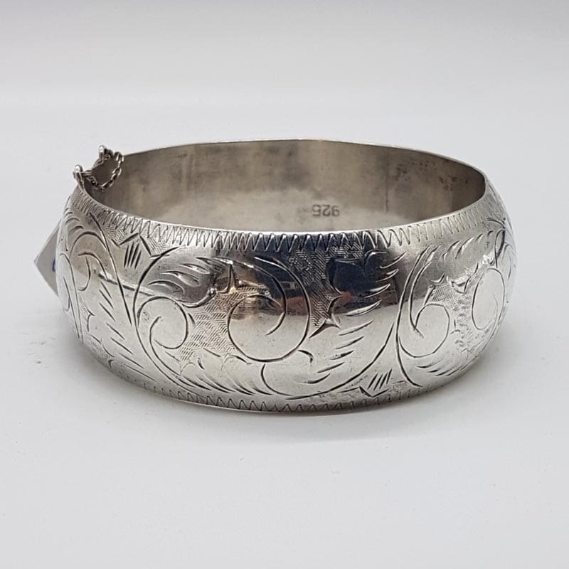 Sterling Silver Wide Ornate Floral Etched Hinged Bangle - Antique / Vintage