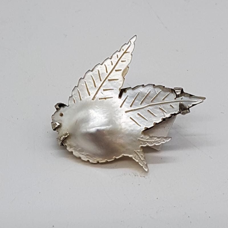 Sterling Silver Vintage Carved Leaf / Bird Mother of Pearl Brooch