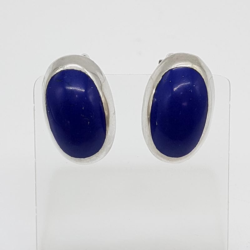 Sterling Silver Large Oval Lapis Lazuli Clip-On Earrings