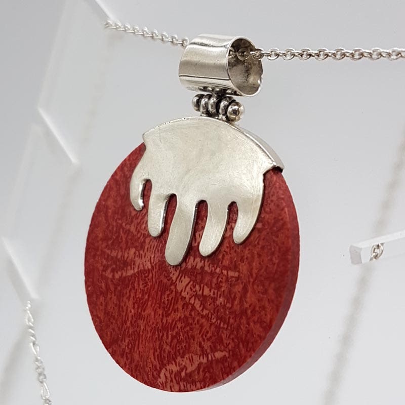 Sterling Silver Coral Large Round Circle Pendant on Silver Chain