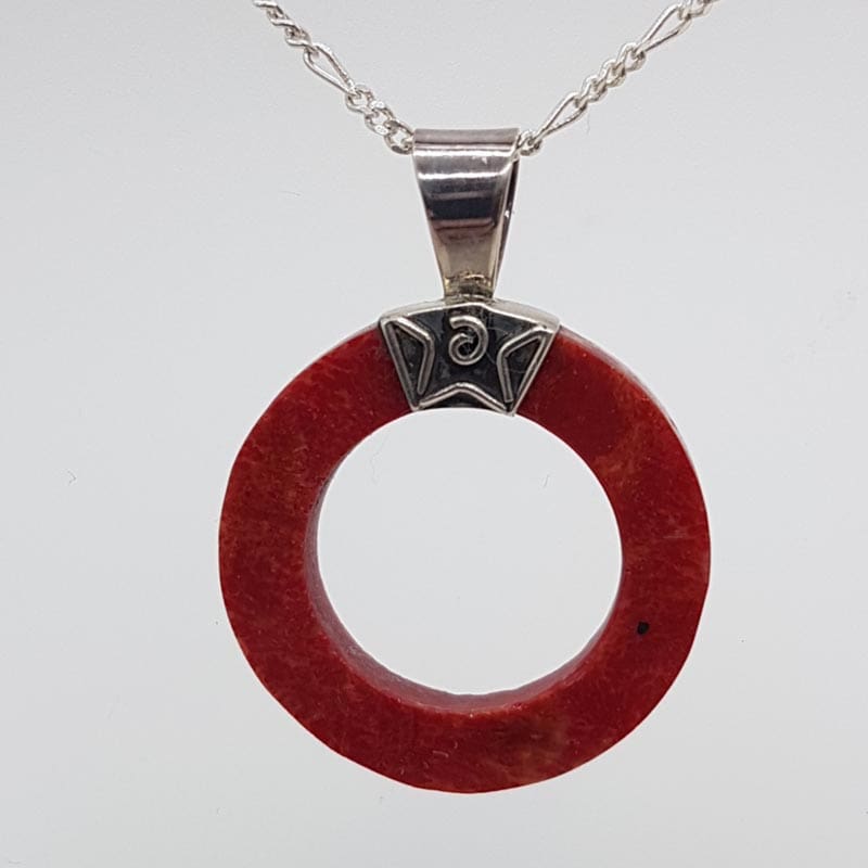 Sterling Silver Coral Round Circle Pendant on Silver Chain