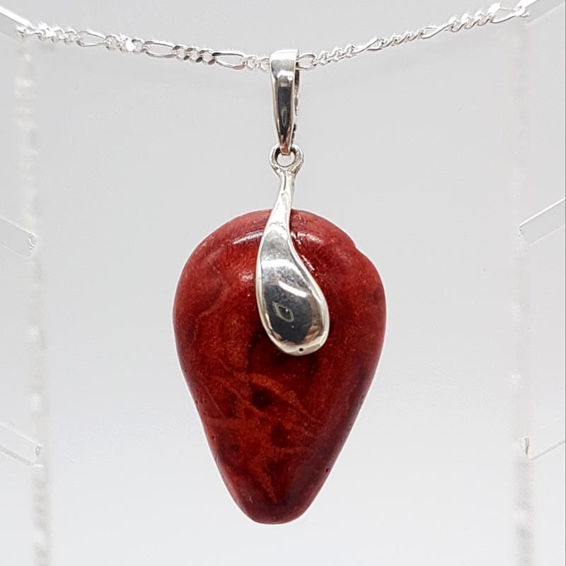 Sterling Silver Teardrop / Pear Shape Red Coral Pendant on Silver Chain