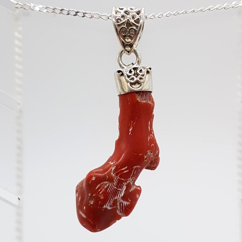 Sterling Silver Unusual Natural Shape Red Coral Pendant on Silver Chain
