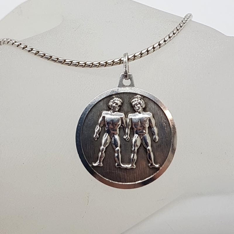 Sterling Silver Gemini Horoscope Round Pendant on Silver Chain - Vintage