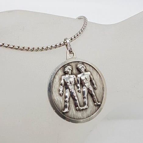 Sterling Silver Gemini Horoscope Round Pendant on Silver Chain - Vintage